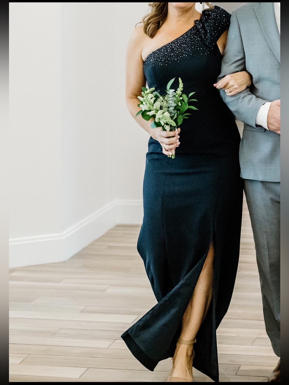 One-Shoulder Navy Evening Gown with Embellished Bodice